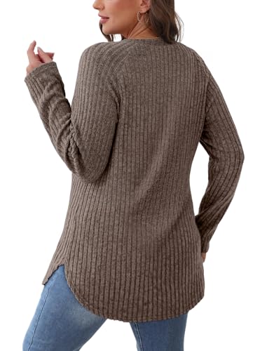Image of Saloogoe Long Sleeve Shirts for Women 2025 Fall Clothes Tunic Tops Loose Fit Dressy Crewneck Pullover Sweaters Curved Hem