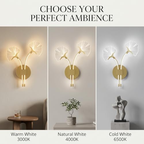 Image of Ginkgo Leaf LED Wall Light 3-Color CCT (Warm + Natural + Cold White) Metal & Acrylic Wall Lamp for Bedroom Living Room Home Decor