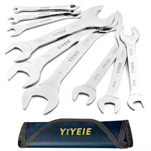 Image of YIYEIE Super-Thin Open End Wrench Set, 9-Piece SAE, 1 /4 inch to 1-1 /16 inch, Chrome Vanadium Steel With Mirror Polish, Ultra-Slim Wrench Set with Rolling Pouch