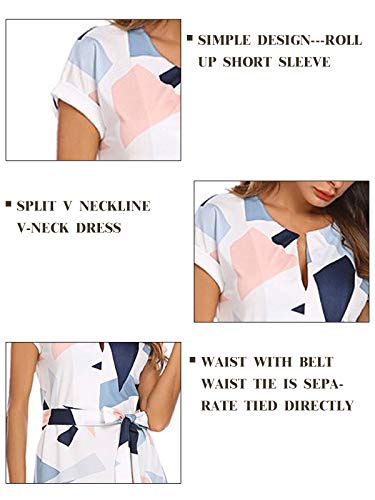 Temofon Women's Dresses Summer Floral Geometric Pattern Short Sleeve Midi V-Neck Casual Dress With Belt White M #TOP5