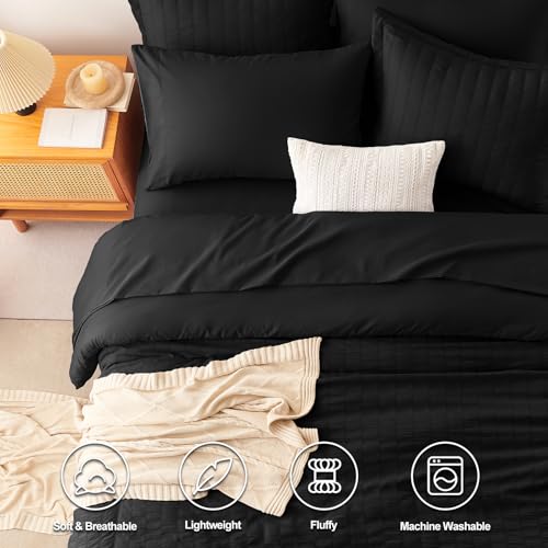 image for CozyLux Queen Seersucker Comforter Set with Black Bed in a Bag 7-Piece