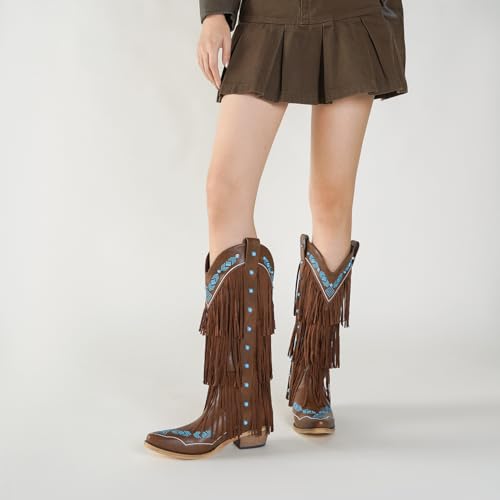 Women's Cowboy Boots with Knee High Triple Layer Fringe & Blue Gemstones | Western Fringe Cowgirl Boots | Embroidered Tassel Boots for Women 5