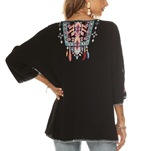 LauraKlein Women Mexican Embroidered Shirt for Women Bohemian Style Top Blouse 3/4 Sleeve Summer Casual Tunics4