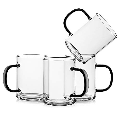 LUXU Glass Coffee Mugs Set of 4,Clear Borosilicate Glass Coffee Cups 11oz,Lead-Free Drinking Glasses,Premium Tea Cups with Dark Green Handle,Latte & Mocha Mugs,Espresso Coffee Gifts for Home and Cafe