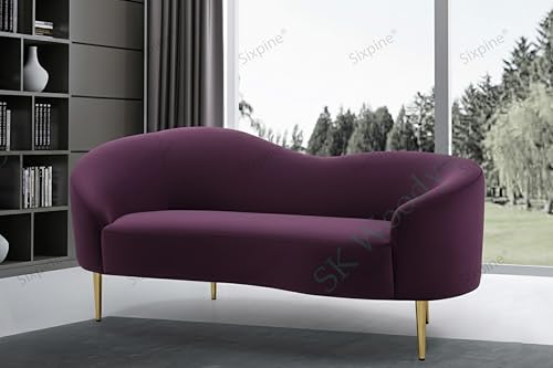 Image of Rosewood Luxury Curved Sofa in Premium Velvet-Fabric | Solid Wood Structure | High Density Foam | Sturdy Golden Legs | Comfortable & Stylish Couch for Modern Living Room (Purple, 2 Seater)
