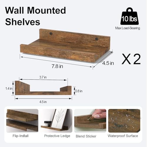 Image of Small Brown Floating Shelves for Wall, Shelf with Lip Set of 2, 8 in