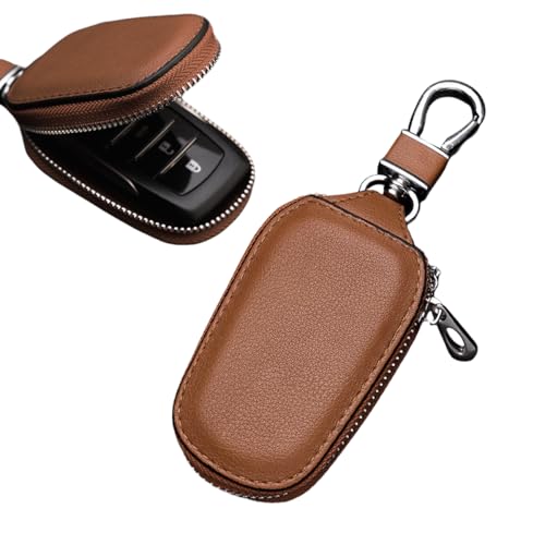 Yourkar Car Key Case Genuine Leather Auto Key Fob Storage Bag Key Chain Holder Key Ring Zipper Bag Car Accessories (Brown)