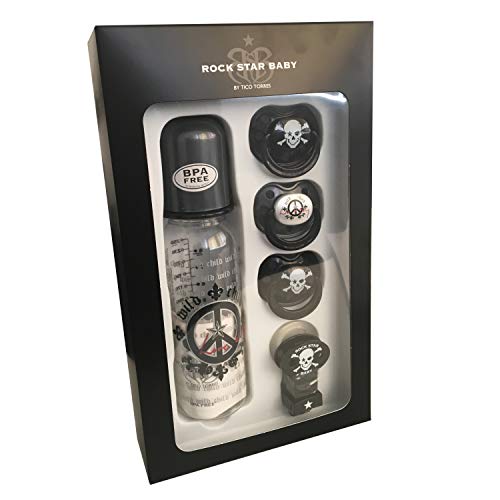 Rock Star Babyu00ae by TICO TORRES Set cadeau pour bébé à partir de 6u00a0moisu00a0u0096u00a05u00a0pièces?: 3u00a0Tétine, 1u00a0tétine Band, 1u00a0Biberon 250u00a0ml