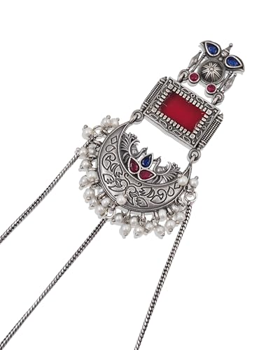 Image of Kashmiri Earrings for Women |Square Stone Fan Chain Earring | Ethnic Oxidised Silver Long Chain for Girls Bridal Festive |Gift for Girls Women