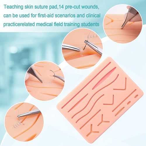 Image of Suture Practice Kit for Medical Students, Large Silicone Pad 14 Pre-Cut Wounds, Supplies for Vet /Nursing Students Practice Wound Closure Stitches Practice Kit De Sutura. 28 PCS