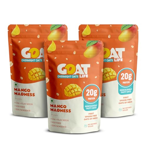 Image of GOAT Life Overnight Oats | 20g Protein | High Fibre | Nutrient-Rich | No Sugar | Gluten-Free & Vegan | Supports Weight Management & Muscle Recovery | Instant Breakfast (Mango Madness, Pack of 3)