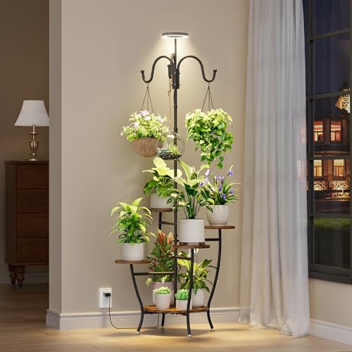Image of BACEKOLL Plant Stand with Grow Lights 5 Tier Tall Indoor Plant Shelf 72 inch | 5-Tier Corner Plant Stand, 72 inch Tall with Grow Light, 3 Hooks, Adjustable Brightness /Timer, Iron Frame, for Living Room, Black