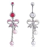 Honbay 2PCS Sexy Belly Button Ring 14 Guage Navel Belly Button Ring Bar Rhinestone Crystal Bow Knot