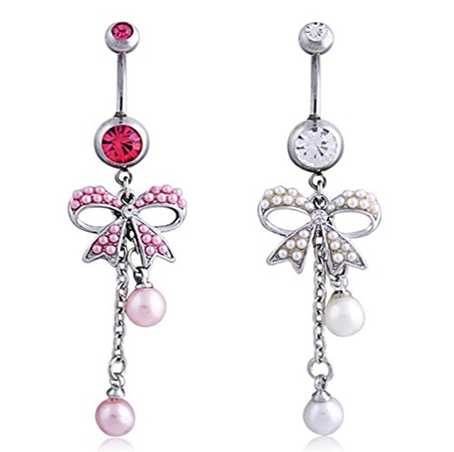 Honbay 2PCS Sexy Belly Button Ring 14 Guage Navel Belly Button Ring Bar Rhinestone Crystal Bow Knot