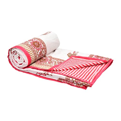 Image of BLOCKS OF INDIA 100% Cotton Dohar King Size Reversible Hand Block Printed Malmal Summer Dohar /Blanket (Pink Peach Flower)