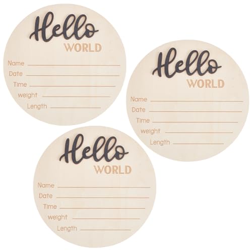 Image of 3Pcs Newborn Announcement Sign 5.9Inches Wooden Hello World Board Newborn Welcome Sign Round Information Board Decroation and Gifts Black for Hospital Home Nursery