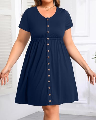 Image of Holipick Women's Plus Size Summer Dresses for Women Casual Dress with Pockets A-Line Swing Button Down Sleeveless V Neck