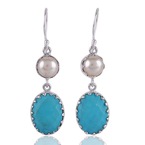 925 Sterling Silver Earrings For Women, Natural Turquoise, Pearl Earrings, Silver Dangle Earrings, December Birthstone, Bezel Set Oval Blue Gemstone Hypoallergenic Trendy Earrings, Mothers Day Gift