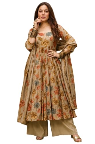 Image of ANNI Designer Kurta Set for Women Viscose Blend Printed | Kurti Set for Woman | Umbrella Kurta Palazzo Dupatta 3 Piece Outfit | Square Neck 3 /4 Sleeve Regular Fit Ethnic Dress Stylish Clothing