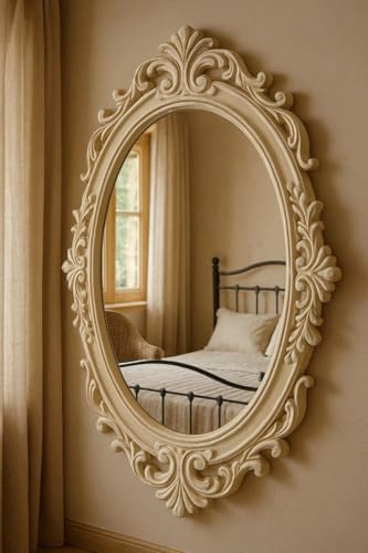 AFFIZU HANDICRAFTS Wooden Mirror Frame for Home Decor, Hand Carved Floral Oval Shape Frame, Handmade Jharokha Design, Creamy Color, 36x24 Inch, Without Mirror