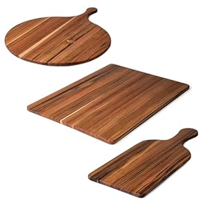 Teakhaus Teakwood Serving Boards Set of 3 – Includes a Regular Board, Round Serving Board and Paddle Cutting Board – Reversible, Edge Grain, Knife Friendly – FSC Certified