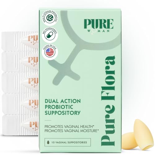 Pure Flora Vaginal Probiotic Suppository - 4 Strain Lactobacillus + Lactoferrin + USP Hyaluronic Acid - Promotes Healthy Vaginal Microbiome Odor BV pH Balance & Dryness Relief - Natural - 10pk