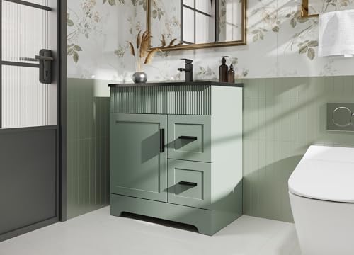 Image of eclife 30 inch Bathroom Vanities Sink Combo with Painted Surface, Modern Drawered Cabinet W /Decorative Wave Lines, Undermount Single Black Sink, Matte Black Faucet Drain, Gray Green