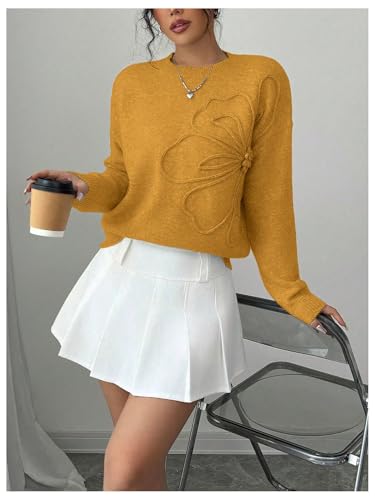 Image of RoseSeek Women's 3D Floral Appliques Crewneck Sweaters Long Sleeve Drop Shoulder Pullovers Elegant Knit Tops