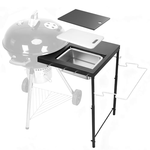 All-in-One Grill Table for Weber Kettle 22'/18'/26' & Smokey Mountain, Recteq Pellet Grill RT-B380, Prep Station with Cutting Board, Basin, 4 Hooks, Heavy-Duty Steel Side Shelf for Outdoor Cooking