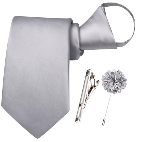 Image of Hi-Tie Pretied Boys Ties Solid Color Kids Adjustable Necktie Lapel Pin Clip Set Age 8-12 Wedding School Graduation