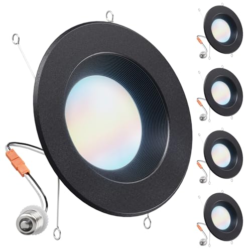 Sunco 4 Pack LED Black Recessed Light 6 Inch 5CCT 2700K/3000K/3500K/4000K/5000K Selectable Dimmable Can Lights Baffle Trim 13W=120W 965 LM Damp Rated Retrofit Installation UL Listed