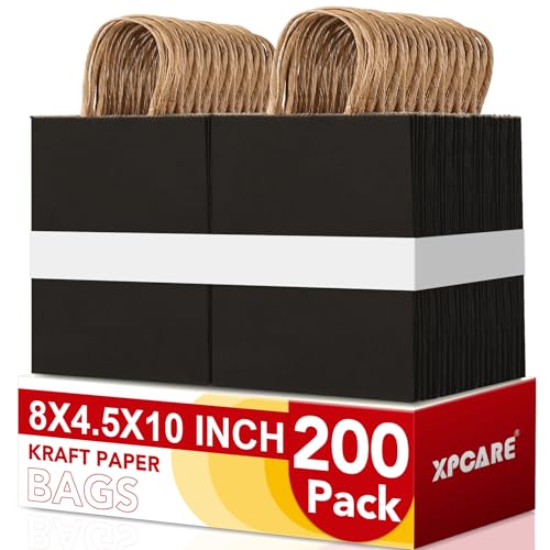 XPCARE 200Pack Paper Bags 8x4.5x10 Inch Plain Medium Paper Bags with Handles Bulk Kraft Paper Gift Bag Retail Party Shopping Favor Bag(Black)