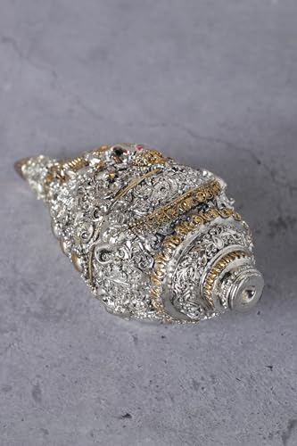 Image of Divine Studio 5 inches Pure Silver Plated Antique Ganesha Decorative Conch Shape Figurine for Wealth, Prosperity and Good Luck Along with Gift Box (Silver-Gold)