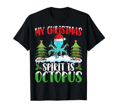 Octopus Santa Hat Xmas Lights Christmas Spirit Octopus Camiseta