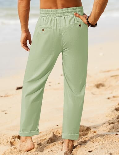 Image of iWoo Linen Pants Men Casual 2025 Summer Beach Elastic Drawstring Waist Yoga Pants Travel Baggy Work Pant Pajama