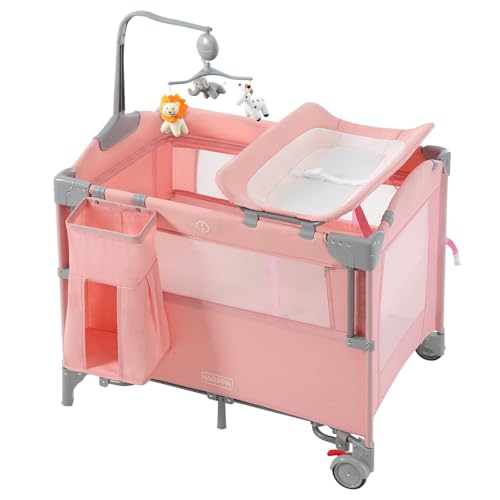 Image of HARPPA Pack and Play 5 in 1, Portable Baby Playard for Travel, Baby Bassinet Bedside Sleeper with Mattress, Rolling Bassinet for Infant, Pack n Play with Changing Table, Bed Crib(Pink)