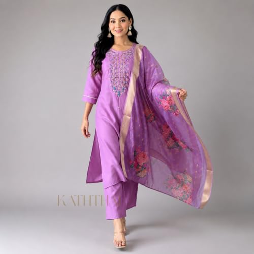 Image of Kaththai Women Embroidered Kurta and Pant Set with Dupatta | Ethnic Suit Set for Women | Floral Printed Organza Dupatta | Festive, & Traditional Kurta Set
