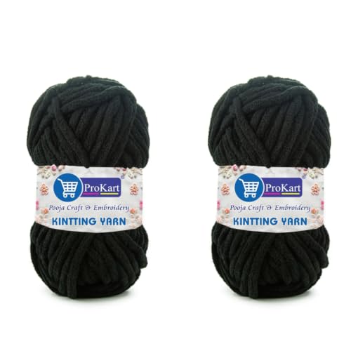 Image of ProKart Premium Blankie Wool, Plush & Cuddly, Chenille Yarn Supersoft Hand Knitting Wool Ball | Blanket Thick /Mottu Yarn Ball Suitable for Hand Knitting and Crocheting for Baby, Adult, Sweaters, caps, Throws, Home Furnishing, Scarves, Blankets (Black, 100gms x 2 Pack)