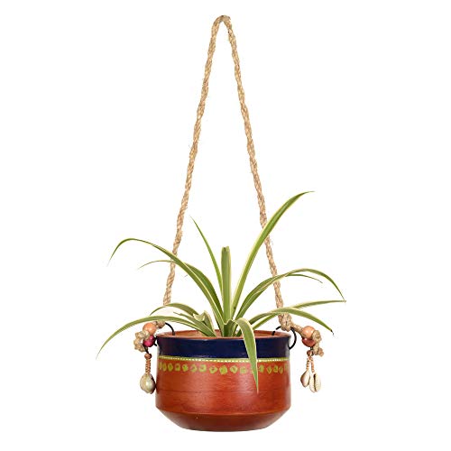 Image of AAKRITI ART CREATIONS Terracotta Hanging Planter | Blue & Brown Earthen Design with Jute Hanger, Modern Art, Matte Finish | Decorative Hanging Pot for Indoor & Outdoor Home Decor