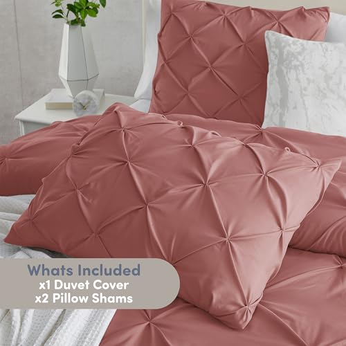 Image of Nestl Pink Clay Duvet Cover Full Size - Soft Double Brushed Duvet Set with Button Closure & Corner Ties, 3 Piece Luxurious Pinch Pleated Duvet Cover Set 80x90 Inches with 2 Pillow Shams