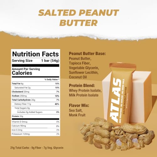 Image of Atlas Real Food Protein Bar - 20g Protein, 11g Fiber, 1g Sugar, No Seed Oils, No Artificial Sweeteners (Salted Peanut Butter, 60 Count)