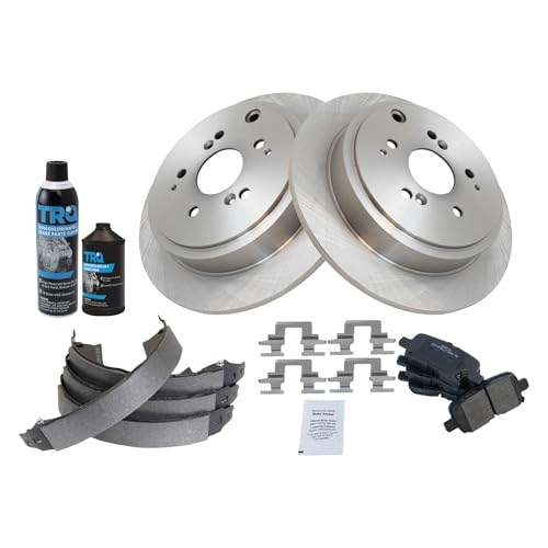 Image of TRQ Rear Brake Pad & Rotor Kit, with Chemical Kit Parking Brake Shoe Set Semi-Metallic Compatible with 2003-2008 Honda Pilot
