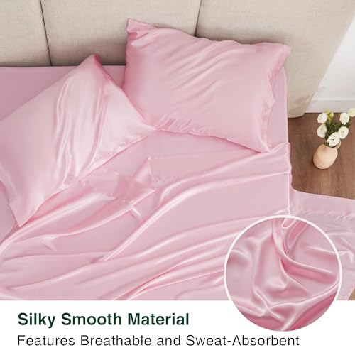 Love's cabin Satin Queen Sheets Set - 4 Piece Pink Silky Bed Sheets Set with Deep Pocket, Luxury Silk Feel Satin Queen Size Sheet Set (1 Flat Sheet,1 Fitted Sheet,2 Pillow Cases) - Image 4