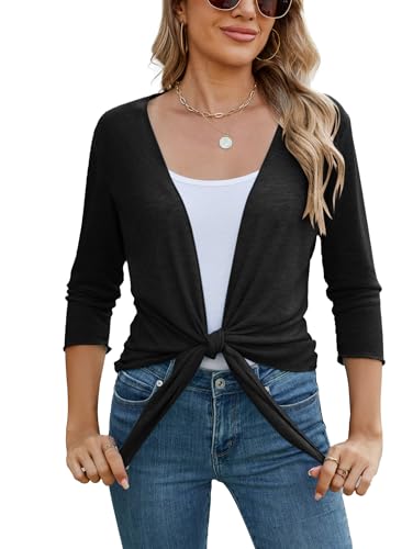 Famulily 3/4 Ärmel Schwarz Shrug Tops für Frauen,Damen Tie Front Sommer...