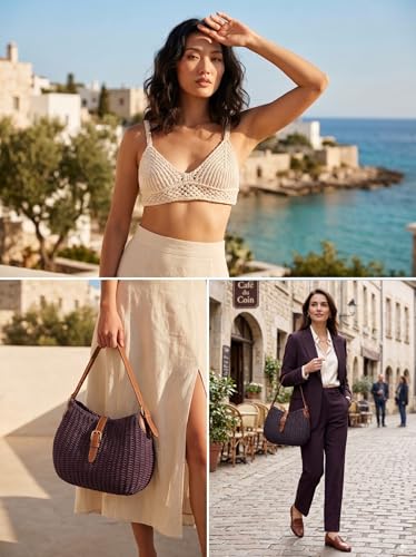 Image of YXILEE Handmade Straw Shoulder Bag for Women,Summer Beach Bag,Adjustable Strap
