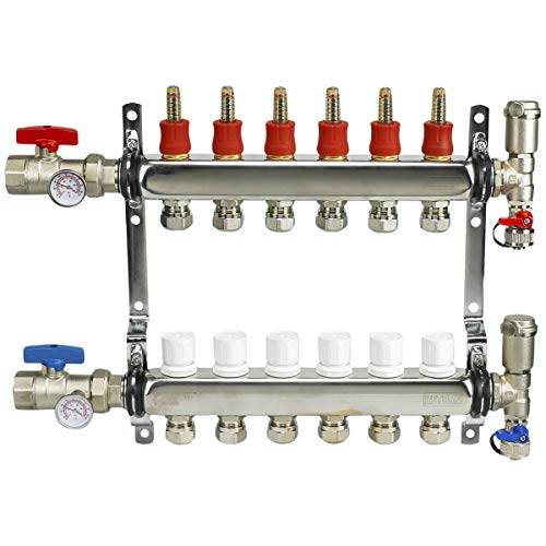 Image of Midline Valve NQT106 PEX Manifold 1 /2 in. for Radiant Heating System; with Valves, Vents, Gauges, and Mounting Brackets; Stainless Steel; 6 Port