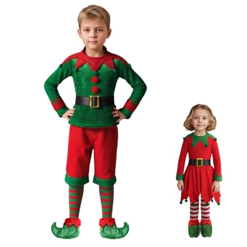 Genérico Conjunto de Navidad Disfraz Elfo Disfraz de niña Vestido Familia niños niña Carnaval Falda Sombreros Calcetines Navidad Santa para San Patricio Día y Cosplay