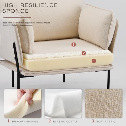 Image of Modern Boucle Accent Chair for Living Room Chairs,Oversized Upholstered Reading Chair Lounge Armchair with Sturdy Metal Legs,Comfy Single Sofa Chair for Living Room,Bedroom,Balcony (Cream)