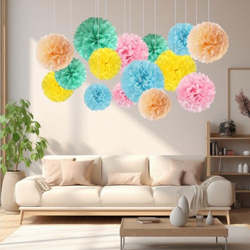 Image of 20 PCS Tissue Paper Pom Poms, Tissue Pom Poms Flowers, Sizes of 6 inch, 10 inch, 12 inch, 14 inch Hanging Paper Flower Ball for Wedding, Birthday, Easter, Graduation Party Decor (Light Colorful)