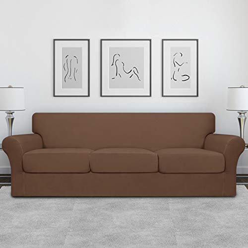 Image of Easy-Going 4 Pieces Oversized Stretch Couch Cover for Dogs Washable | Sectional Sofa Slipcover for 3 Separate Cushion Couch - Elastic Furniture Protector for Pets, Kids Brown
